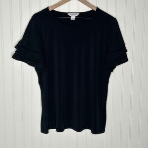 Liz Claiborne Black Ruffle Sleeve Crew Neck T Shirt Top Womens XL Made in Jordan